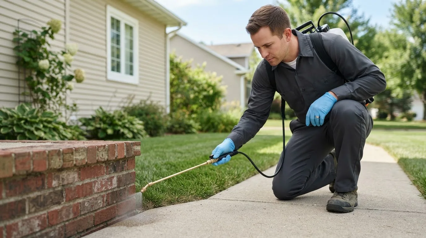 Pest control technician treating a home near Doylestown, WI